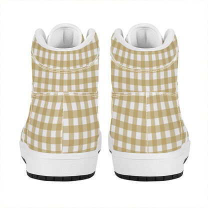 Beige And White Check Pattern Print High Top Leather Sneakers