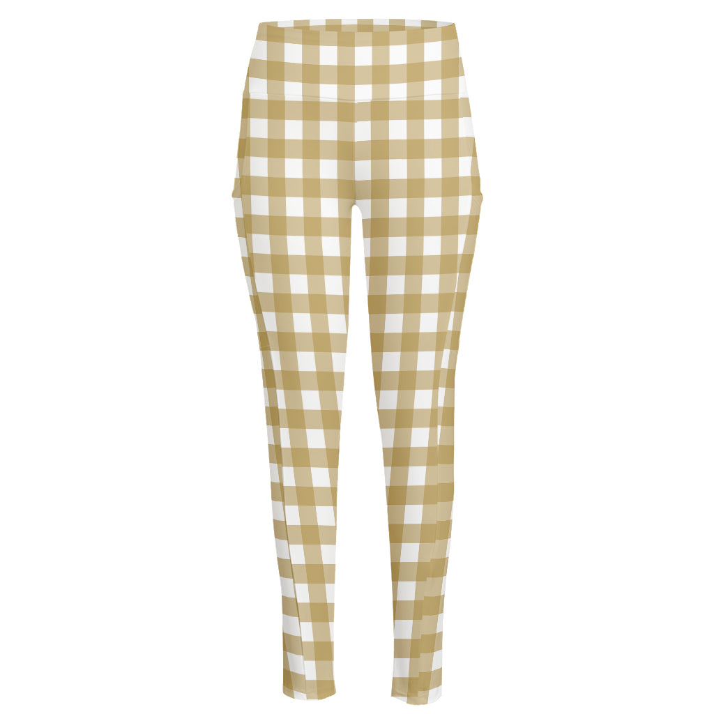 Beige And White Check Pattern Print High-Waisted Pocket Leggings