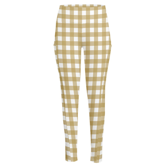 Beige And White Check Pattern Print High-Waisted Pocket Leggings