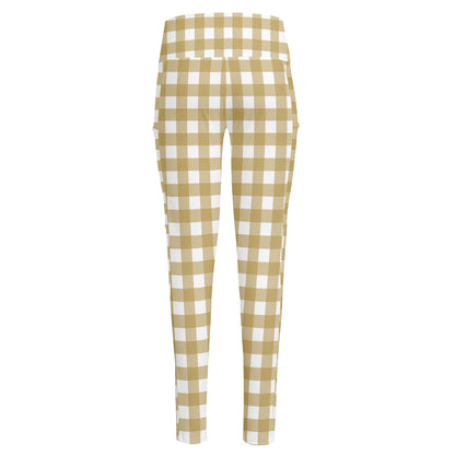 Beige And White Check Pattern Print High-Waisted Pocket Leggings