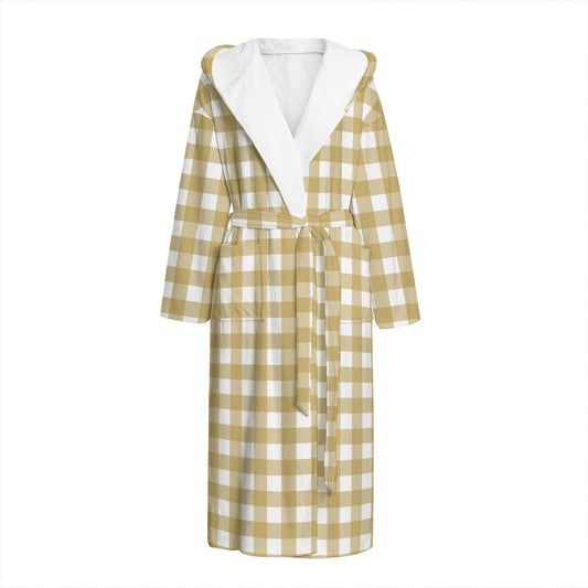Beige And White Check Pattern Print Hooded Bathrobe