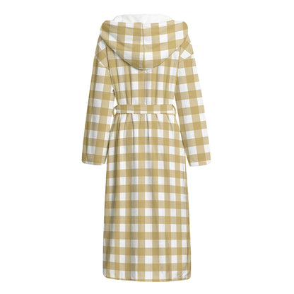 Beige And White Check Pattern Print Hooded Bathrobe
