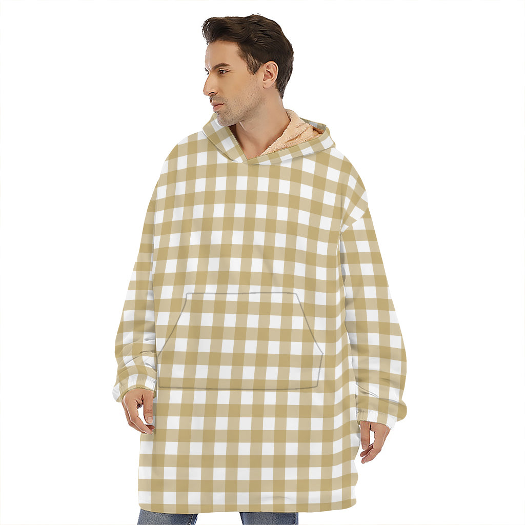 Beige And White Check Pattern Print Hoodie Blanket
