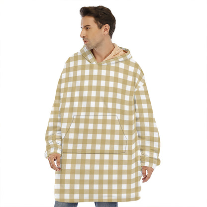Beige And White Check Pattern Print Hoodie Blanket