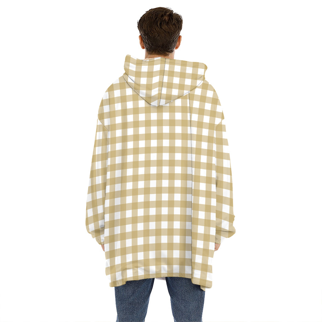 Beige And White Check Pattern Print Hoodie Blanket