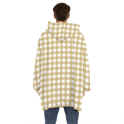Beige And White Check Pattern Print Hoodie Blanket