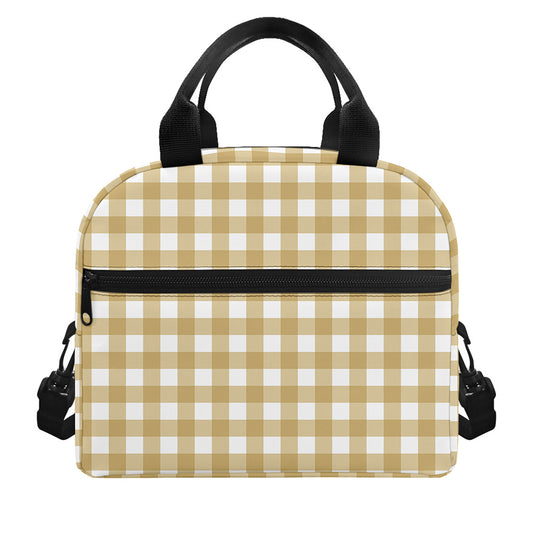 Beige And White Check Pattern Print Insulated Lunch Bag