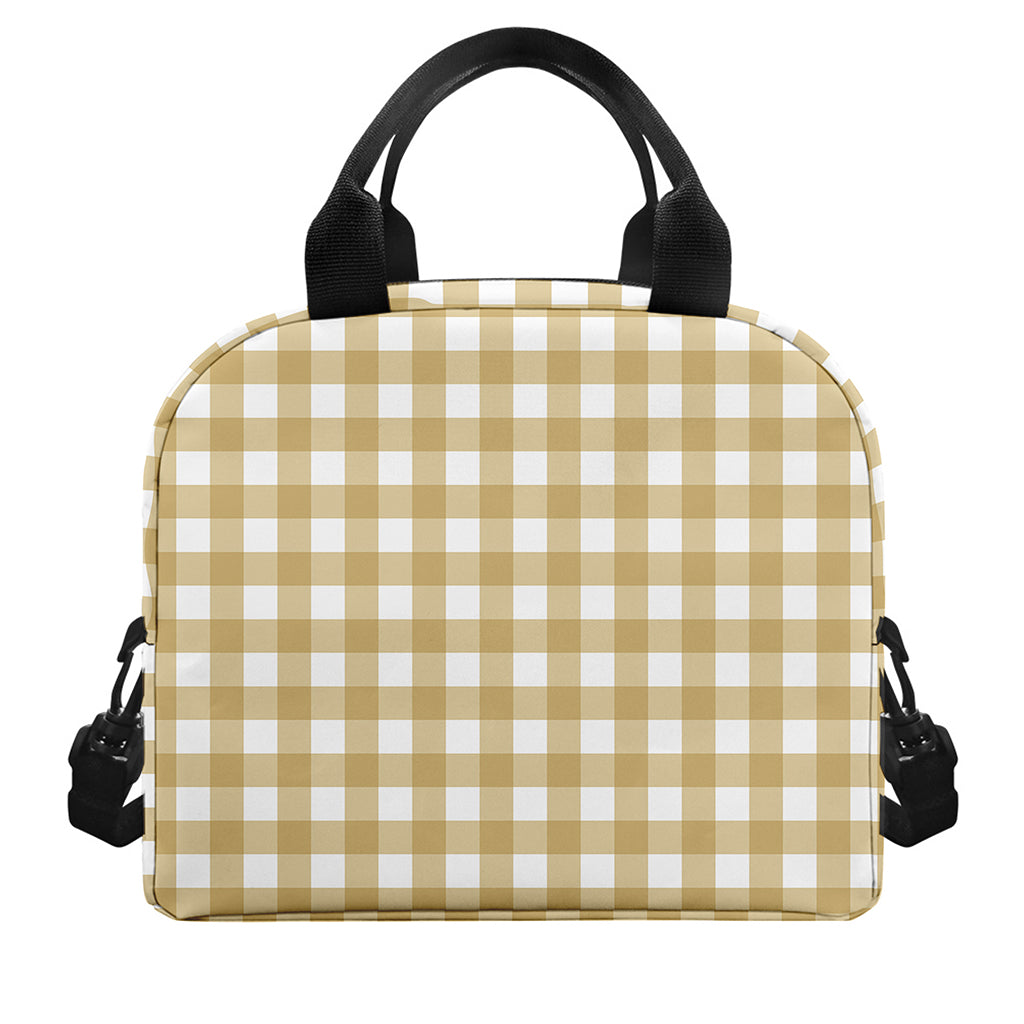 Beige And White Check Pattern Print Insulated Lunch Bag
