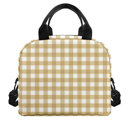 Beige And White Check Pattern Print Insulated Lunch Bag
