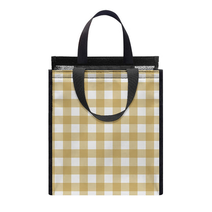 Beige And White Check Pattern Print Insulated Lunch Tote