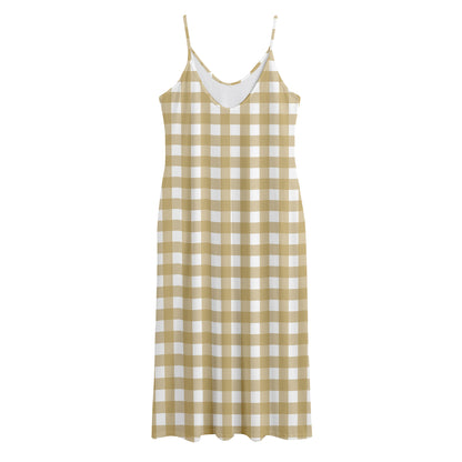 Beige And White Check Pattern Print Jersey Midi Cami Dress