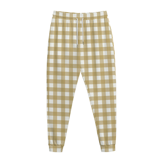 Beige And White Check Pattern Print Jogger Pants