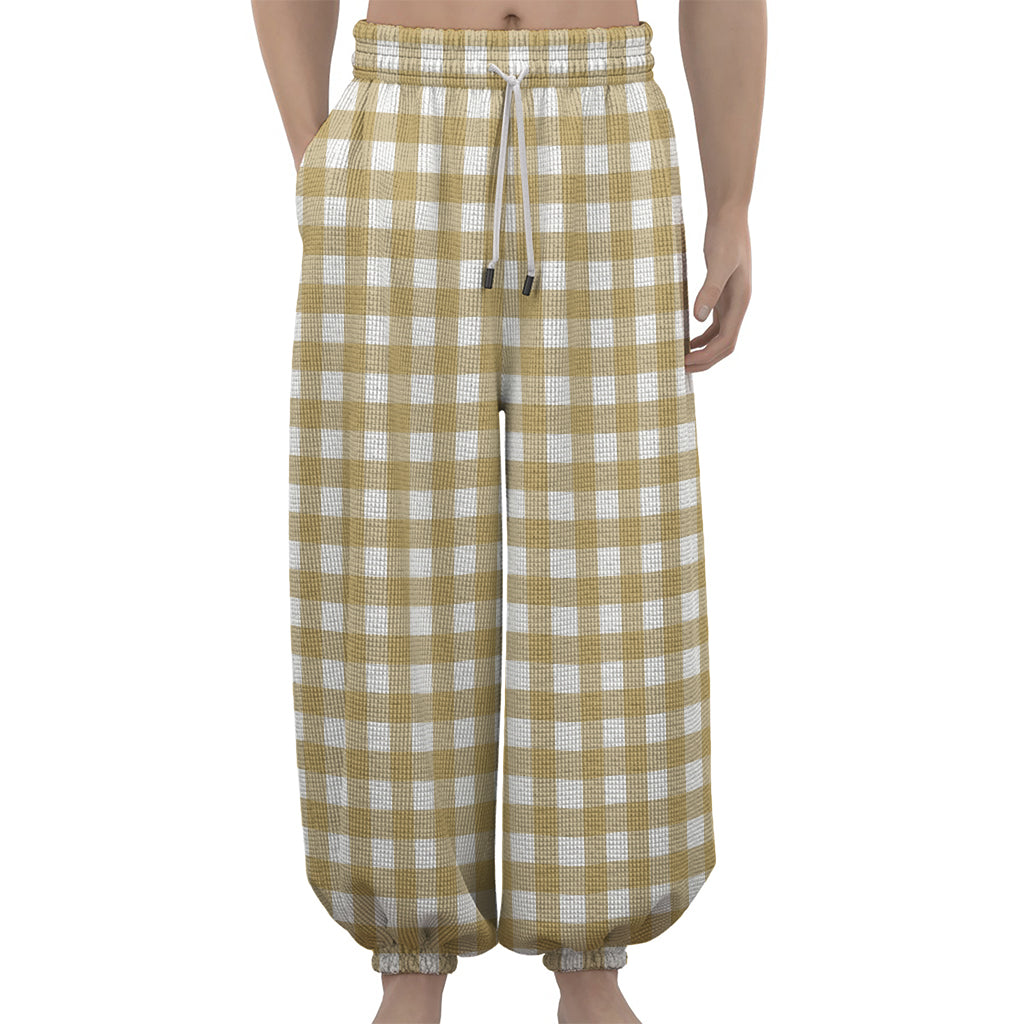 Beige And White Check Pattern Print Lantern Pants