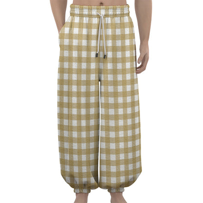 Beige And White Check Pattern Print Lantern Pants