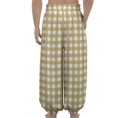 Beige And White Check Pattern Print Lantern Pants