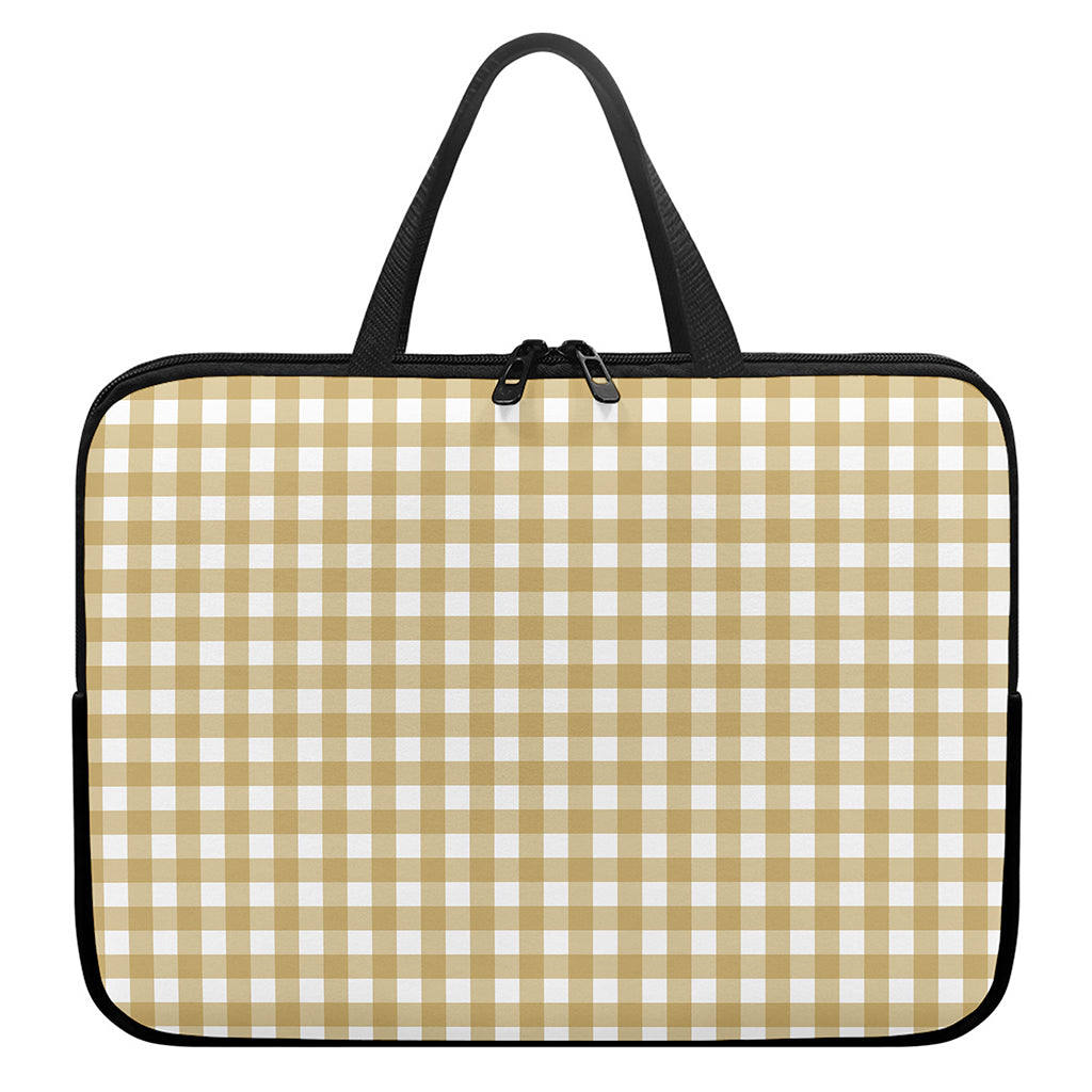 Beige And White Check Pattern Print Laptop Sleeve With Handle