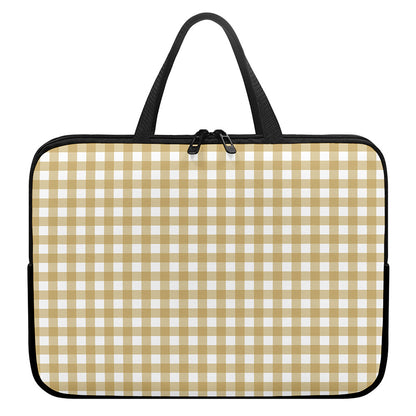 Beige And White Check Pattern Print Laptop Sleeve With Handle