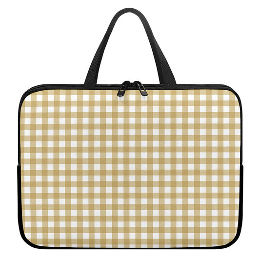 Beige And White Check Pattern Print Laptop Sleeve With Handle