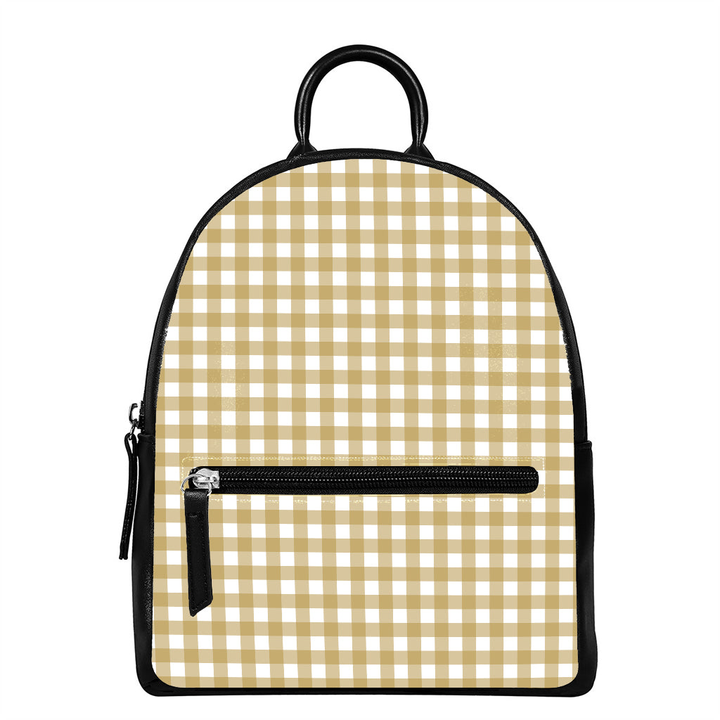 Beige And White Check Pattern Print Leather Backpack