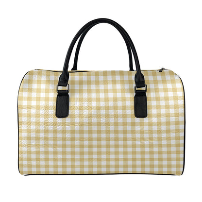 Beige And White Check Pattern Print Leather Duffle Bag