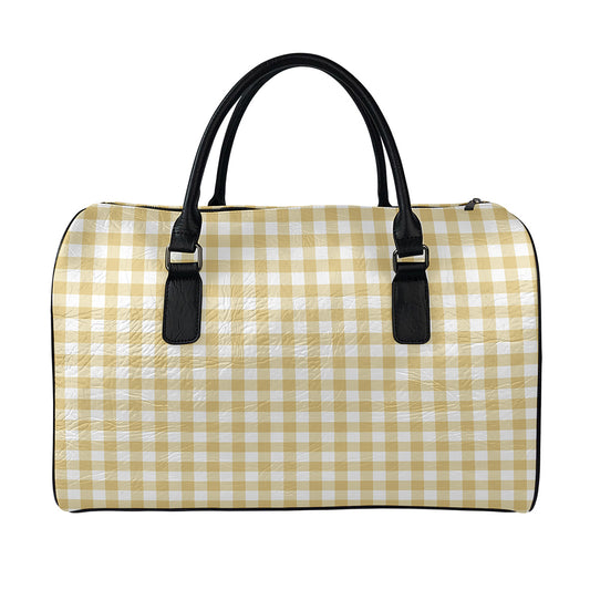 Beige And White Check Pattern Print Leather Duffle Bag