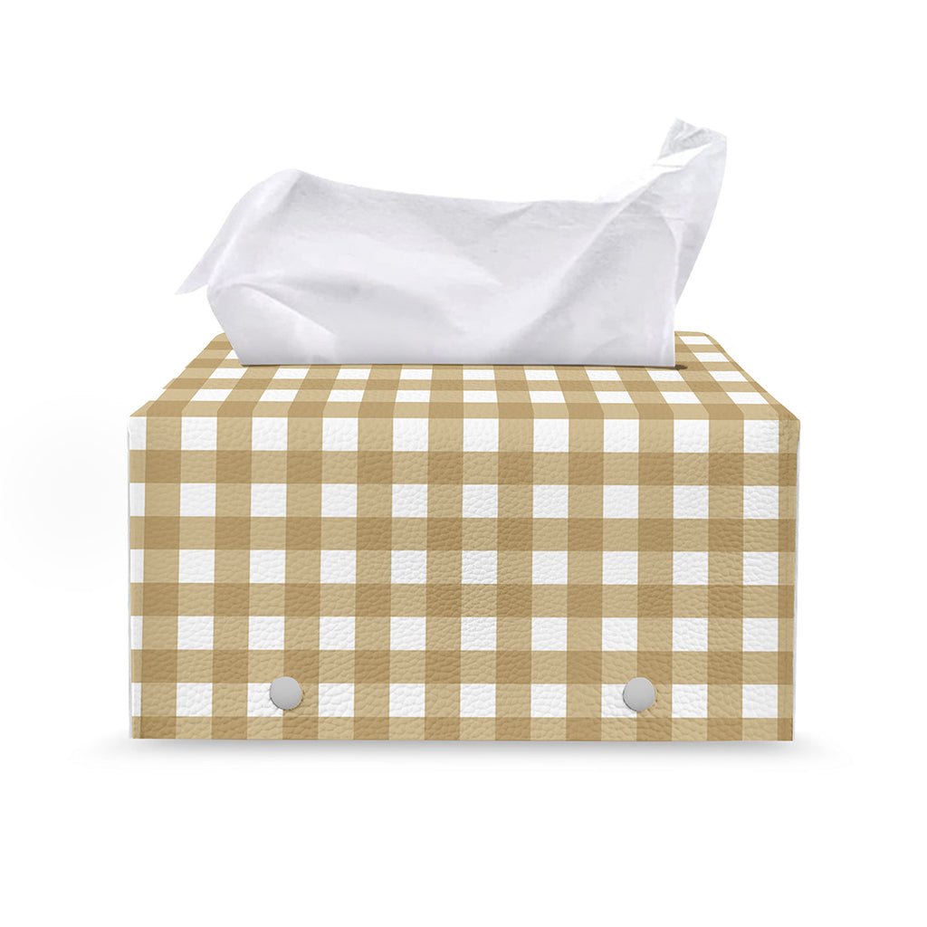 Beige And White Check Pattern Print Leather Tissue Box Cover