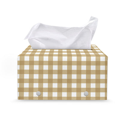Beige And White Check Pattern Print Leather Tissue Box Cover