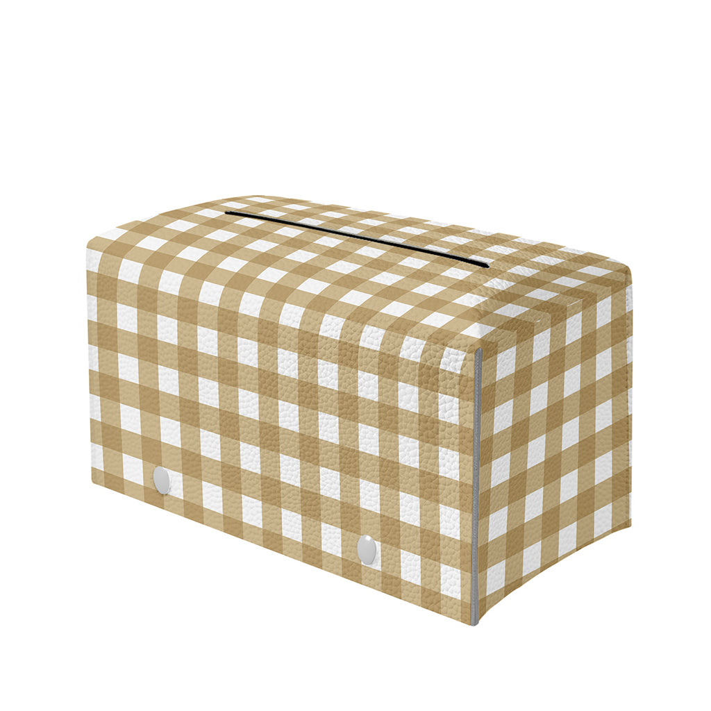 Beige And White Check Pattern Print Leather Tissue Box Cover