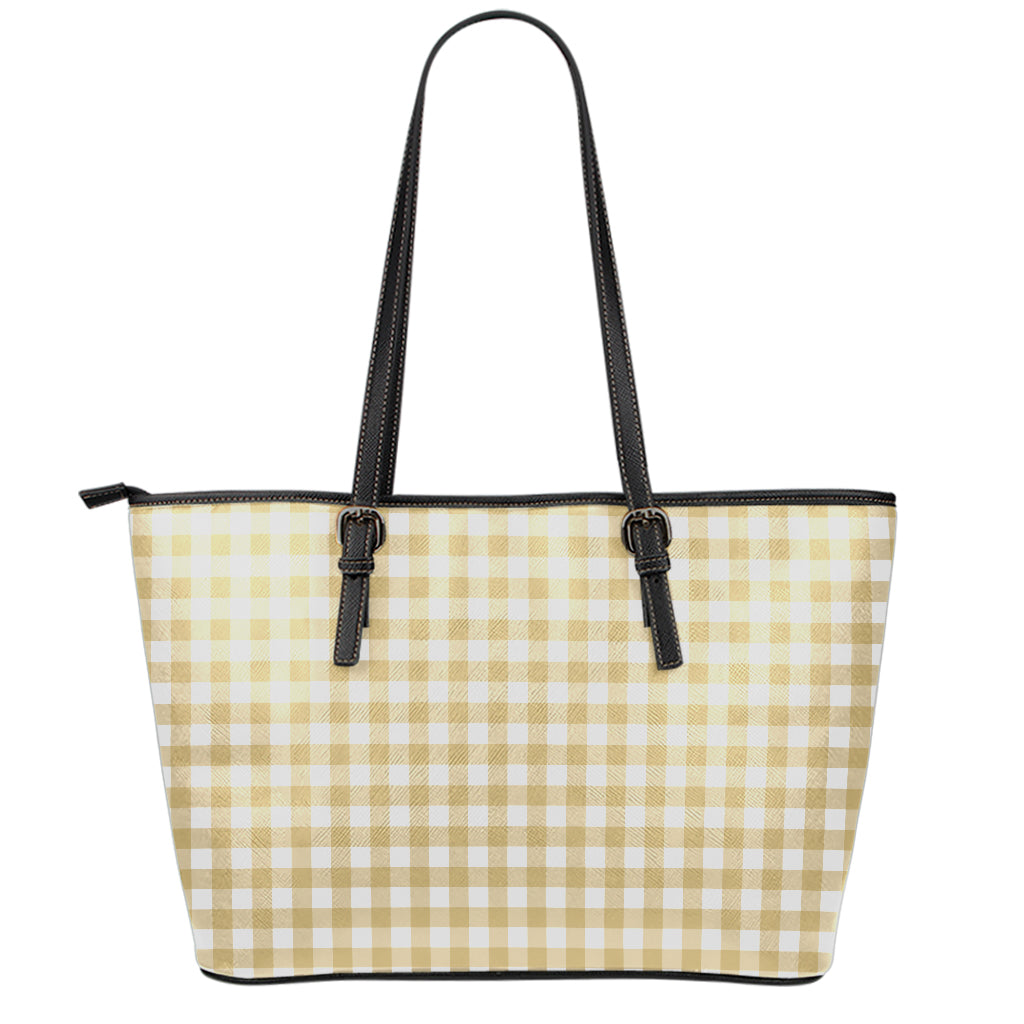 Beige And White Check Pattern Print Leather Tote Bag