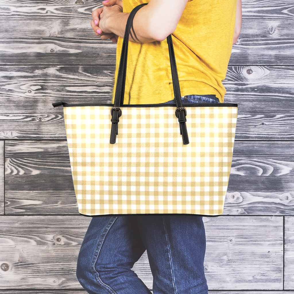 Beige And White Check Pattern Print Leather Tote Bag