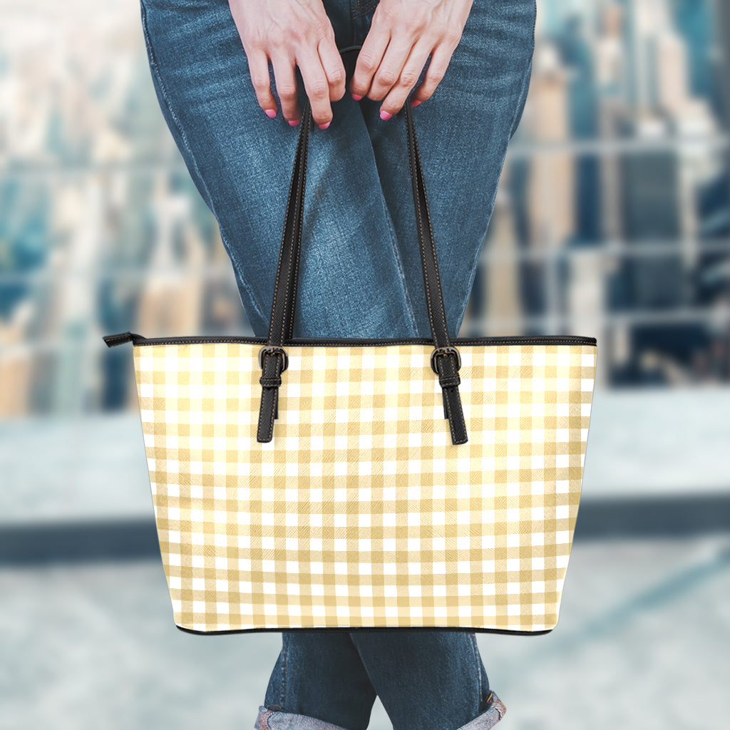 Beige And White Check Pattern Print Leather Tote Bag