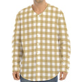 Beige And White Check Pattern Print Long Sleeve Baseball Jersey