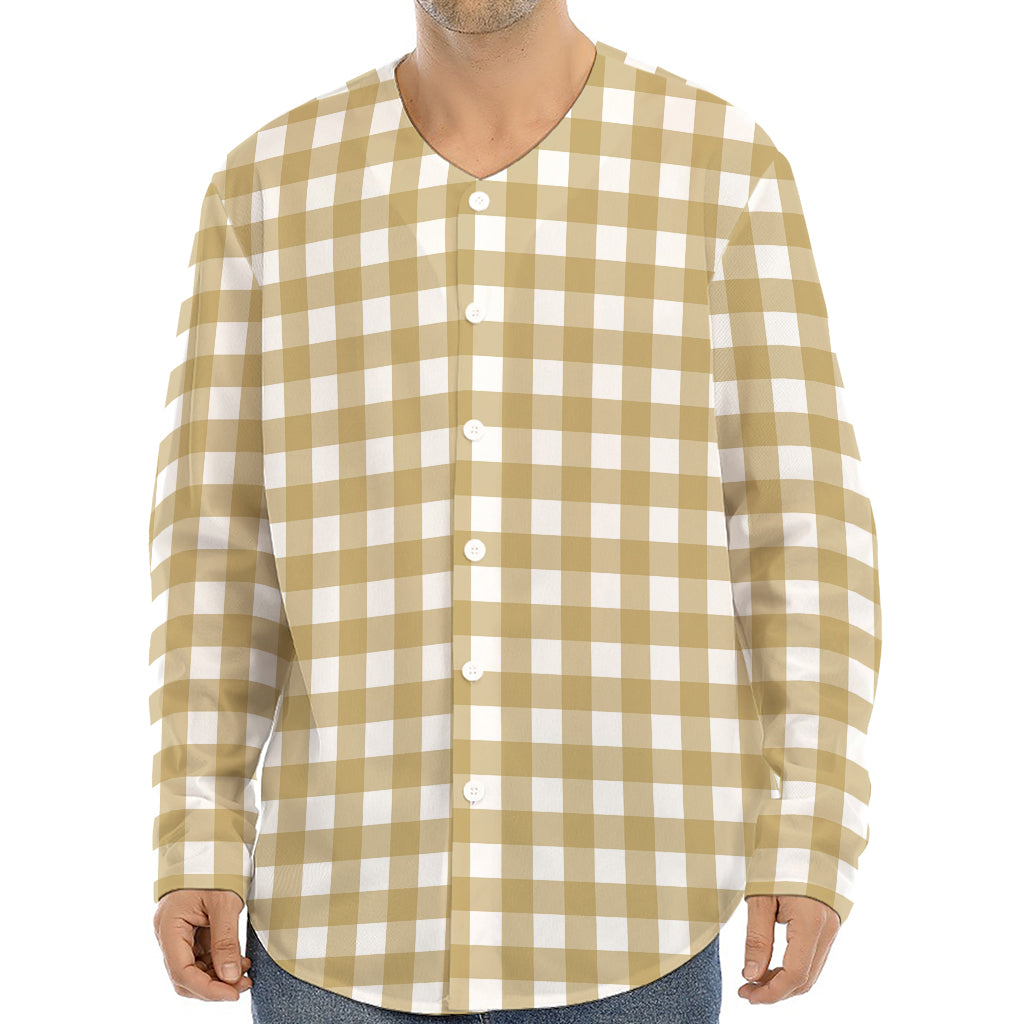 Beige And White Check Pattern Print Long Sleeve Baseball Jersey