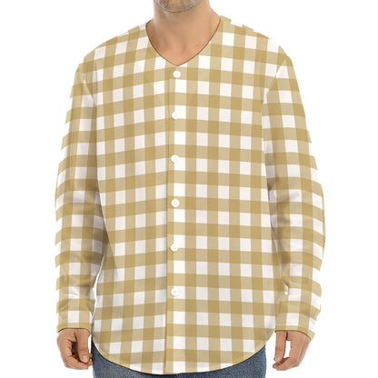Beige And White Check Pattern Print Long Sleeve Baseball Jersey