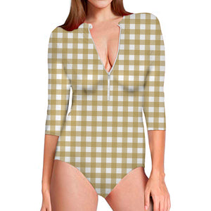 Beige And White Check Pattern Print Long Sleeve Swimsuit