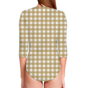 Beige And White Check Pattern Print Long Sleeve Swimsuit