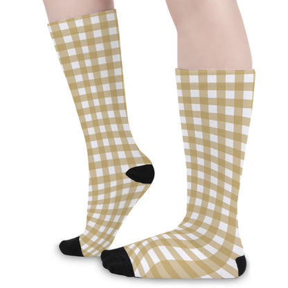 Beige And White Check Pattern Print Long Socks