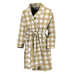 Beige And White Check Pattern Print Men's Bathrobe