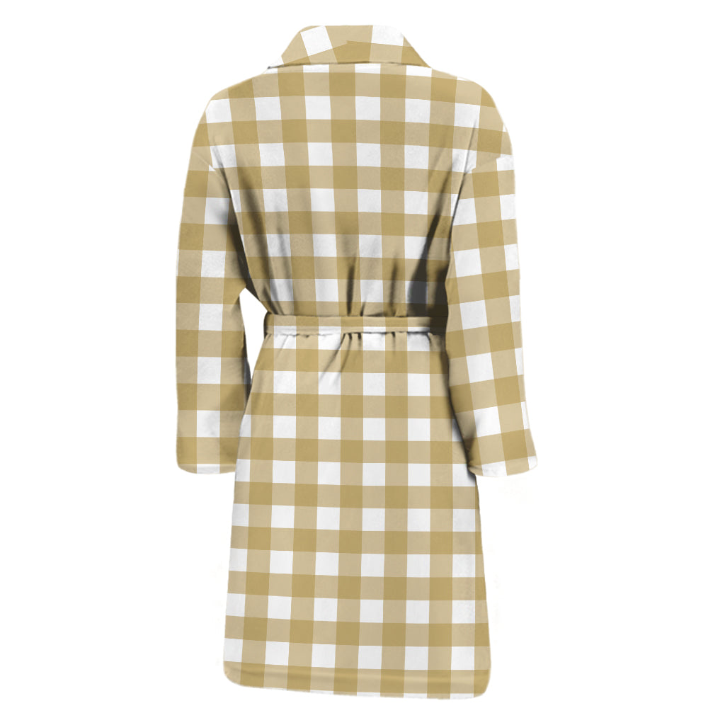 Beige And White Check Pattern Print Men's Bathrobe