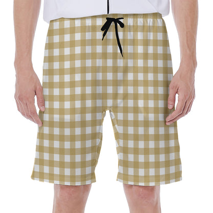 Beige And White Check Pattern Print Men's Beach Shorts