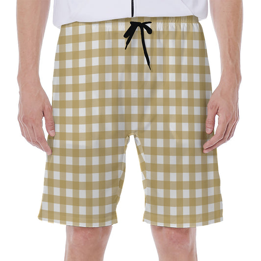 Beige And White Check Pattern Print Men's Beach Shorts