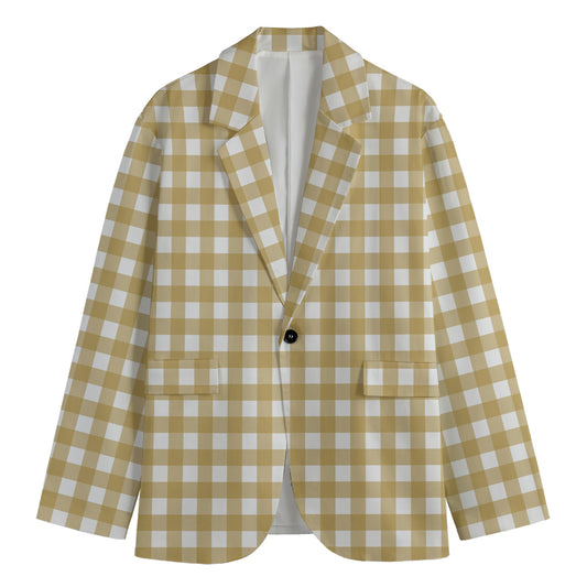 Beige And White Check Pattern Print Men's Blazer