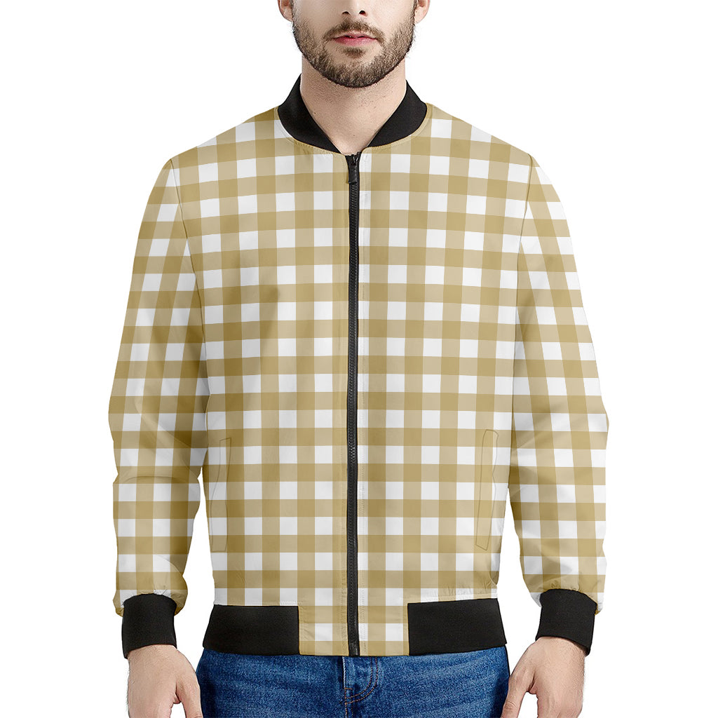 Beige And White Check Pattern Print Men's Bomber Jacket