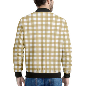 Beige And White Check Pattern Print Men's Bomber Jacket