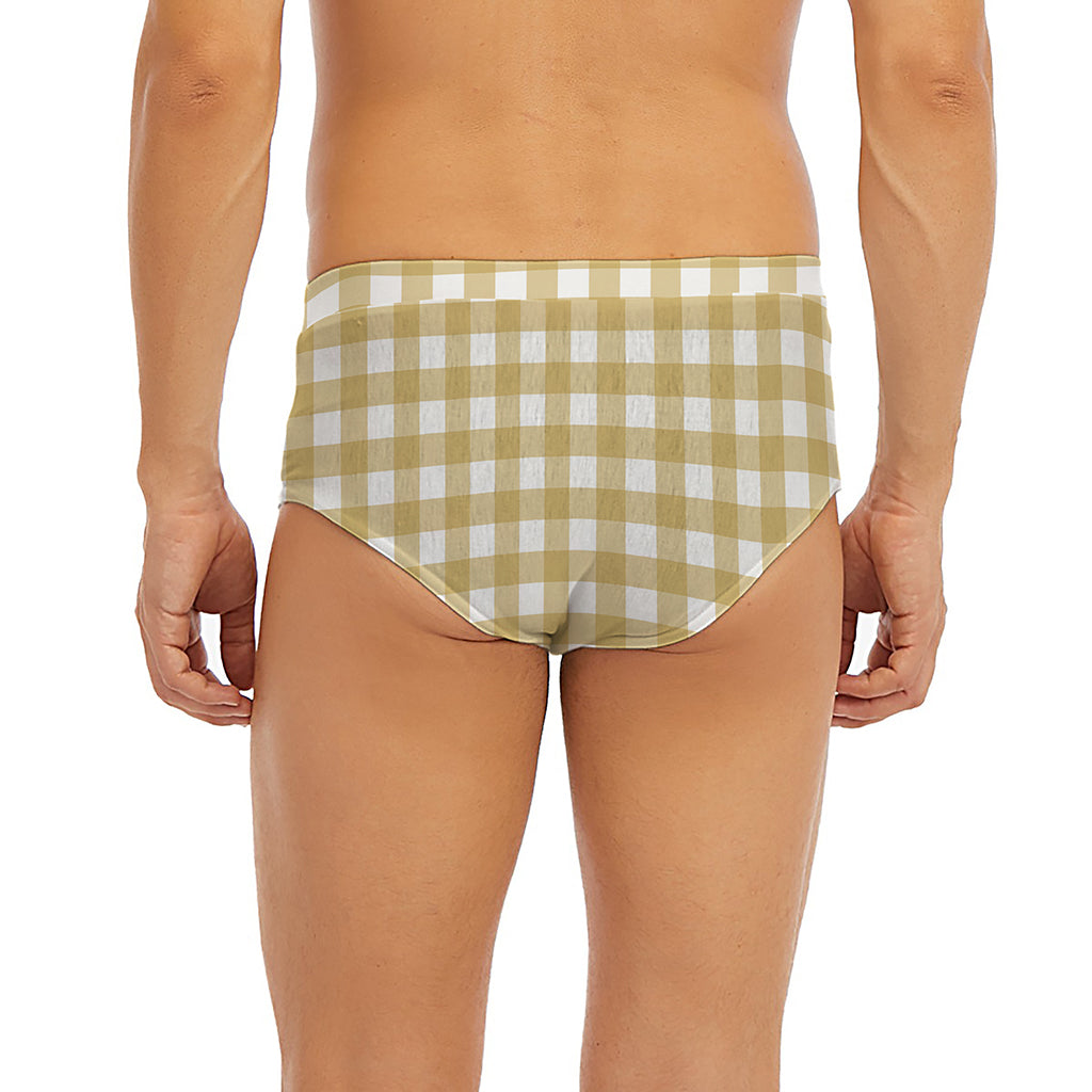 Beige And White Check Pattern Print Men's Briefs