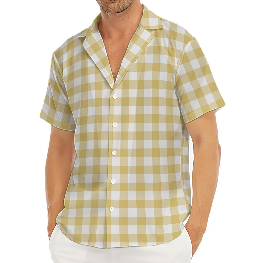 Beige And White Check Pattern Print Men's Deep V-Neck Shirt
