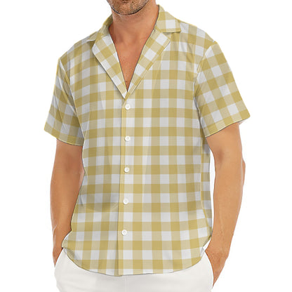 Beige And White Check Pattern Print Men's Deep V-Neck Shirt