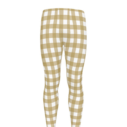 Beige And White Check Pattern Print Men's leggings