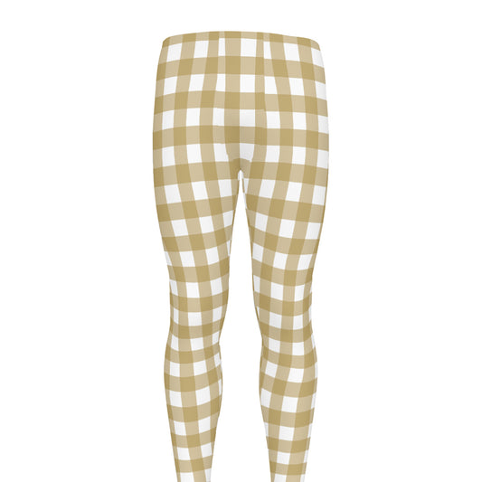 Beige And White Check Pattern Print Men's leggings