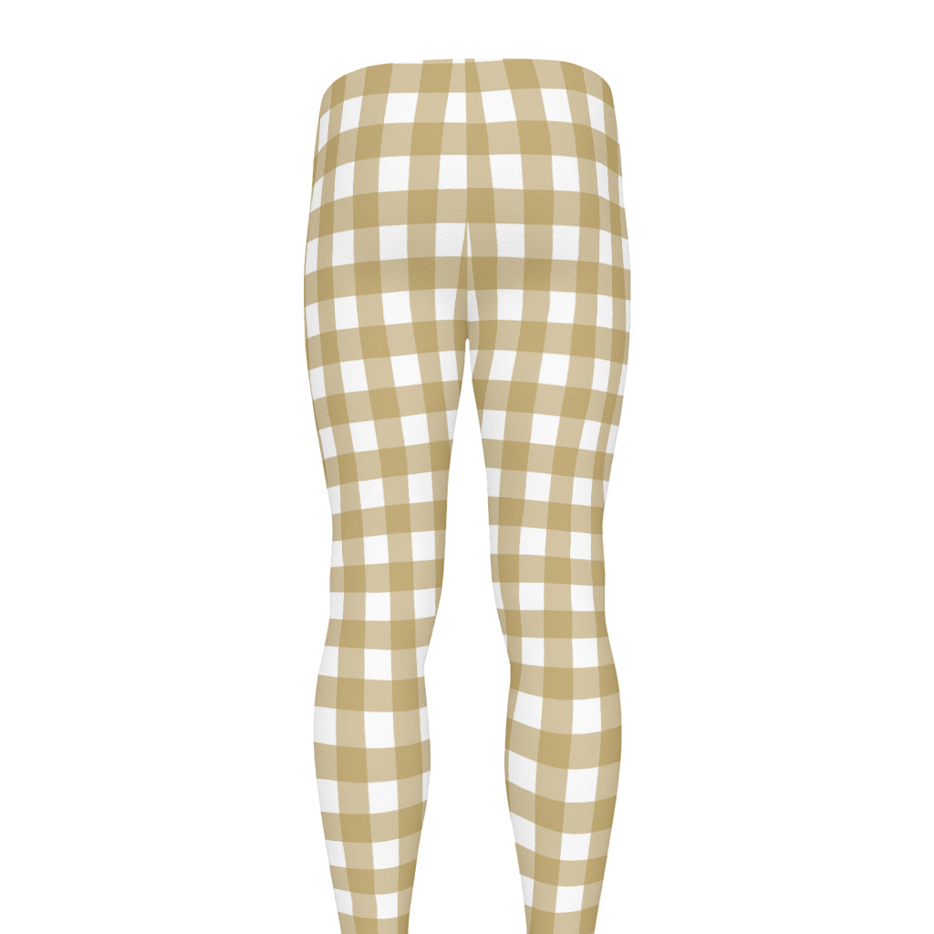 Beige And White Check Pattern Print Men's leggings